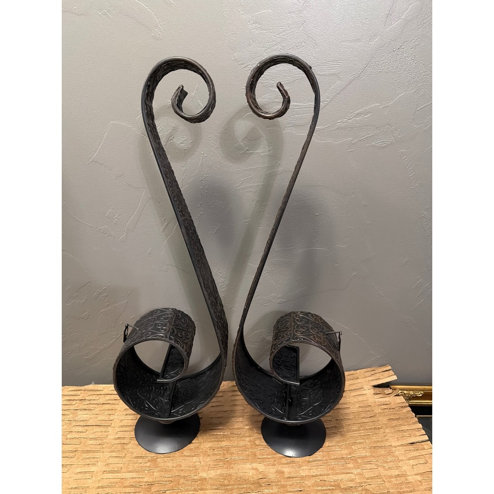 Vintage Bronze Embossed Metal Wall Sconce Pair Scroll Pattern Candle Holders 20"